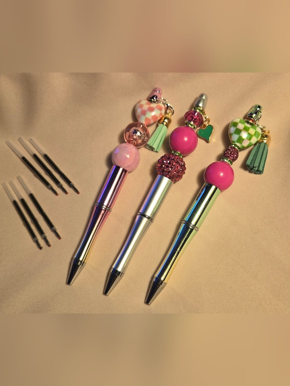 Set Of 3 - Includes 2 Refills Each Pink & Green Beaded Pens